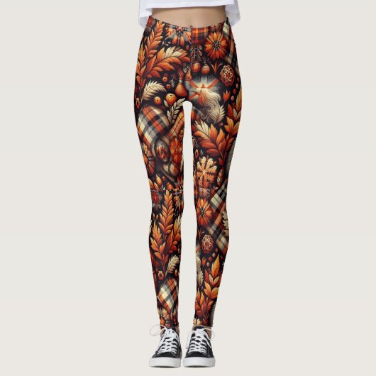 Herfst Autumn Plaid Bladeren Sinaasappel Black Bei Leggings (Voorkant)