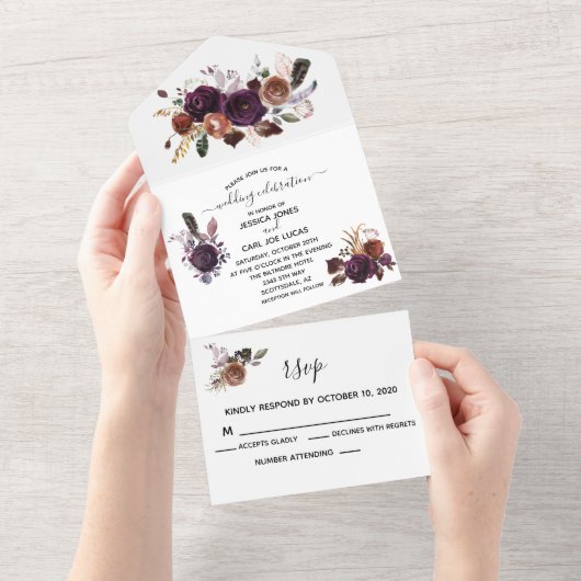 Herfst Autumn Plum Paars Boho Elegant Waterverf All In One Uitnodiging (Afscheurbaar)