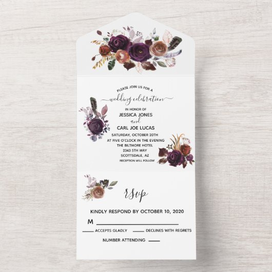 Herfst Autumn Plum Paars Boho Elegant Waterverf All In One Uitnodiging (Binnen)