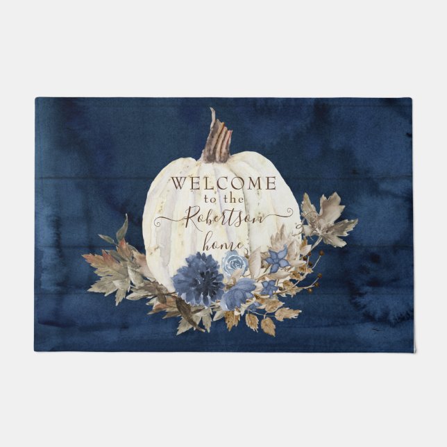Herfst Autumn Pumpkin Navy Welkom Mat Familienaam (Voorkant)