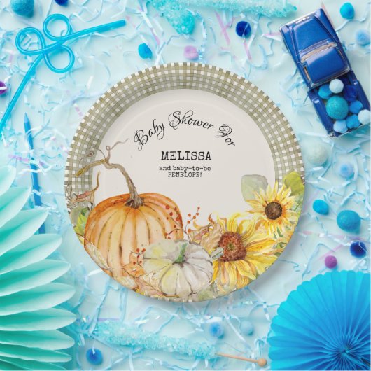 Herfst Autumn Pumpkin Sunflower n Sage Green Gingh Papieren Bordje (Feest)