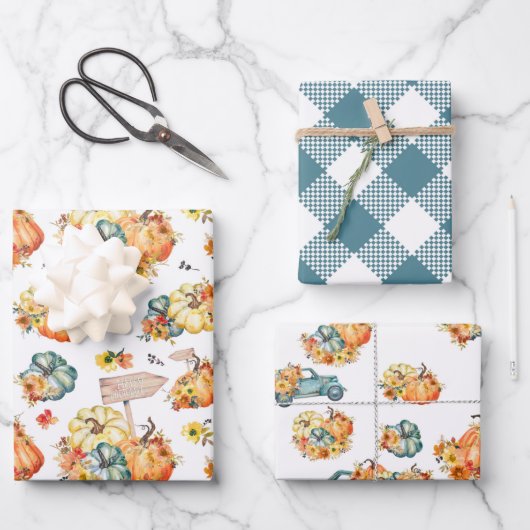 HERFST AUTUMN PUMPKINS WATERVERF FLOWERS TRUCKS INPAKPAPIER VEL (Voorkant)