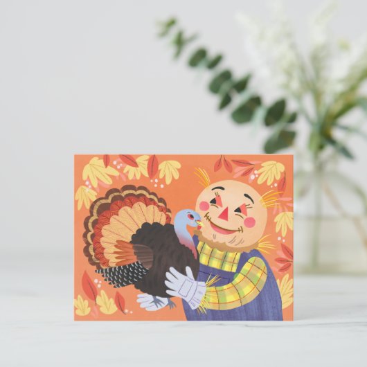 Herfst Autumn Scarecrow en Turkije Briefkaart (Staand voorkant)