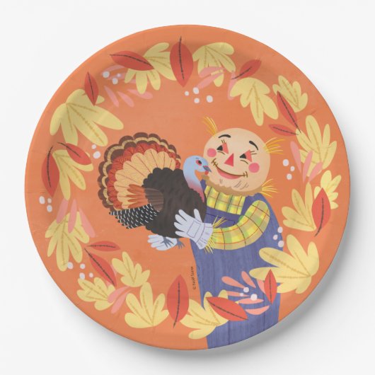 Herfst Autumn Scarecrow en Turkije Papieren Bordje (Voorkant)