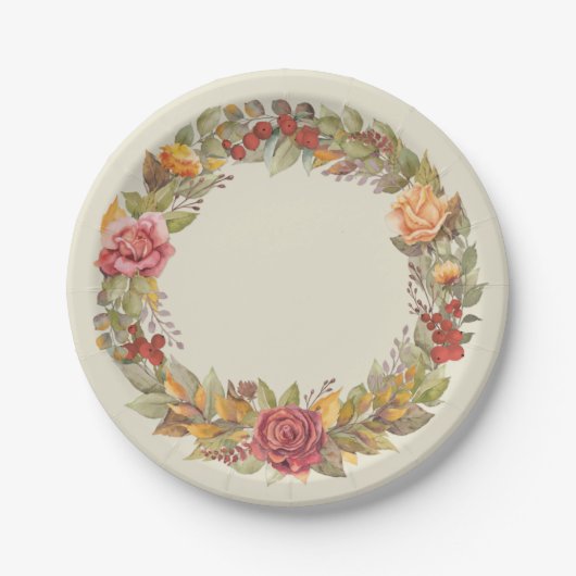 Herfst/Autumnal Floral Wreatal Thanksgiving Papieren Bordje (Voorkant)