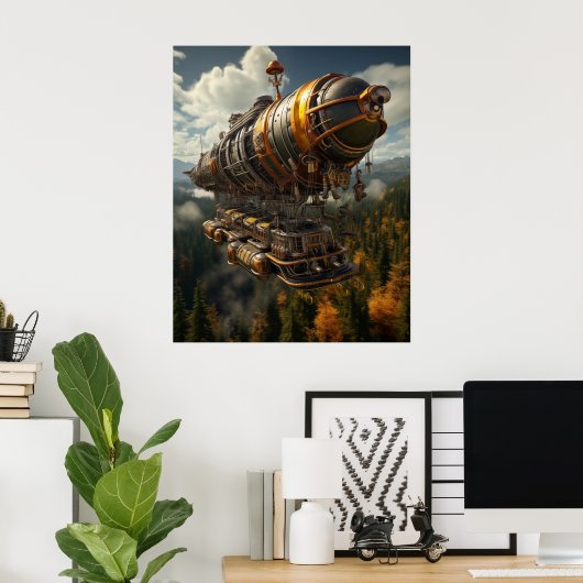 Herfst Avontuur Steampunk Zeppelin over Bos Poster (Thuiskantoor)