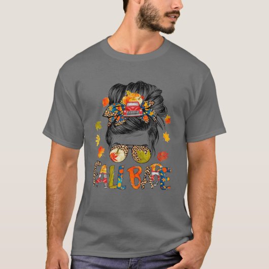 Herfst Babe Herfst Mam Blessed Messy Bun Leopard D T-shirt (Voorkant)