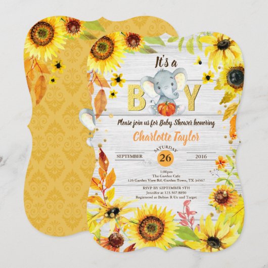 Herfst Baby Boy Douche Uitnodiging Zonnebloem Olif (Voorkant / Achterkant)