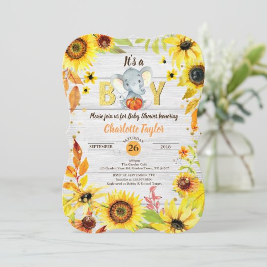 Herfst Baby Boy Douche Uitnodiging Zonnebloem Olif (Staand voorkant)
