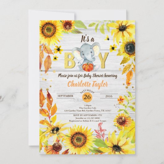 Herfst Baby Boy Douche Uitnodiging Zonnebloem Olif (Voorkant)