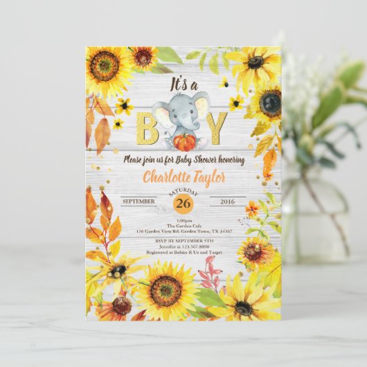Herfst Baby Boy Douche Uitnodiging Zonnebloem Olif (Staand voorkant)