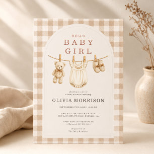 Herfst Baby Meisje Klerenlijn Gingham Baby Shower Kaart
