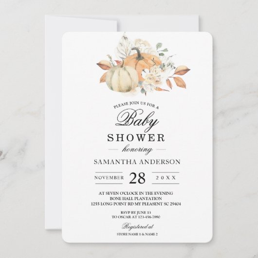 Herfst Baby Shower | Aquarel Pompoen & Bloemen Kaart (Voorkant)