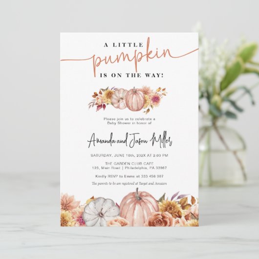 Herfst Baby shower Bloemen en Pompoenen Save The Date (Staand voorkant)