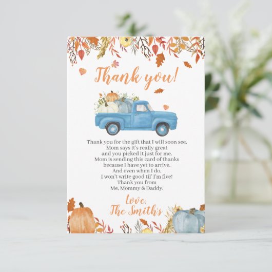 Herfst Baby shower Dank u wel kaarten voor een Boy (Staand voorkant)