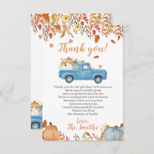 Herfst Baby shower Dank u wel kaarten voor een Boy (Voorkant / Achterkant)