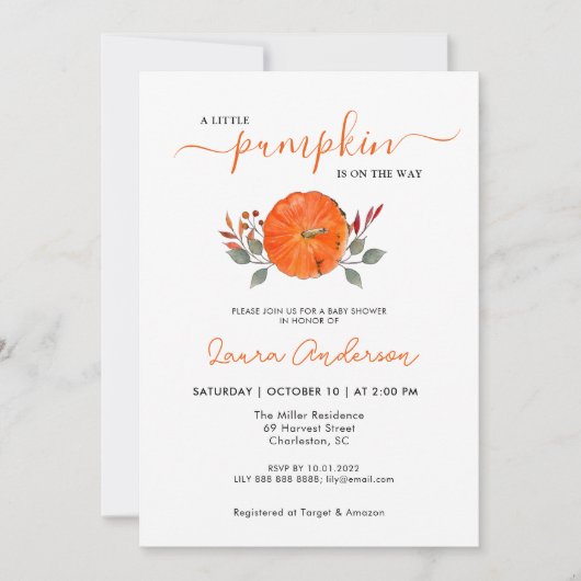 Herfst Baby shower Een kleine pompoenuitnodiging Kaart (Voorkant)
