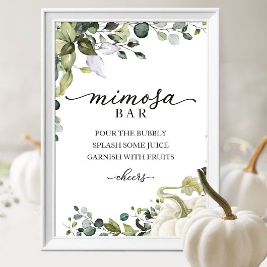 Herfst Baby shower Greenery Mimosa Bar Sign Poster