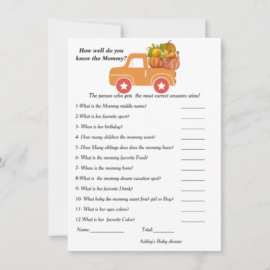 Herfst Baby shower Hoe goed ken je de mama Kaart (Voorkant)