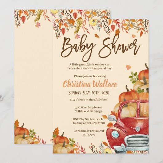 Herfst Baby Shower Invitting Little Pumpkin Kaart (Voorkant / Achterkant)