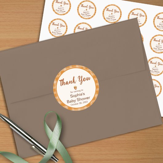 Herfst Baby shower, kleine pompoen, geruite, eikel Ronde Sticker