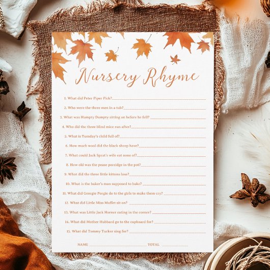 Herfst Baby shower Nursery Rhyme Game Kaart