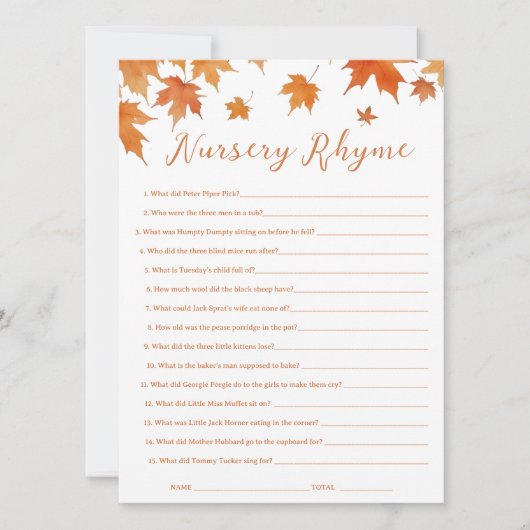 Herfst Baby shower Nursery Rhyme Game Kaart (Voorkant)