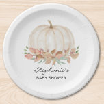 Herfst Baby shower pompoen Papieren Bordje<br><div class="desc">Dit schattige herfst baby showers bord is voorzien van een waterverf witte pompoen en zacht pastel gebladerte. Perfect voor een genderneutraal baby shower. Gemakkelijk aan te passen. Omdat we ons kunstwerk creëer,  zult u dit exacte afbeelding van andere ontwerpers niet vinden. Originele Waterverf © Michele Davies.</div>