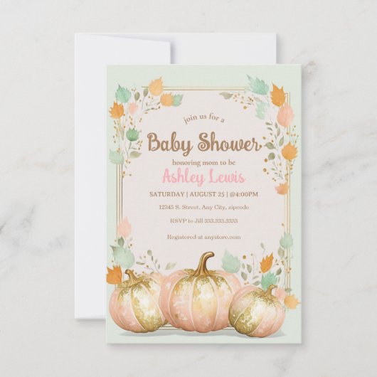 Herfst Baby shower pompoen uitnodiging roze goud (Voorkant)