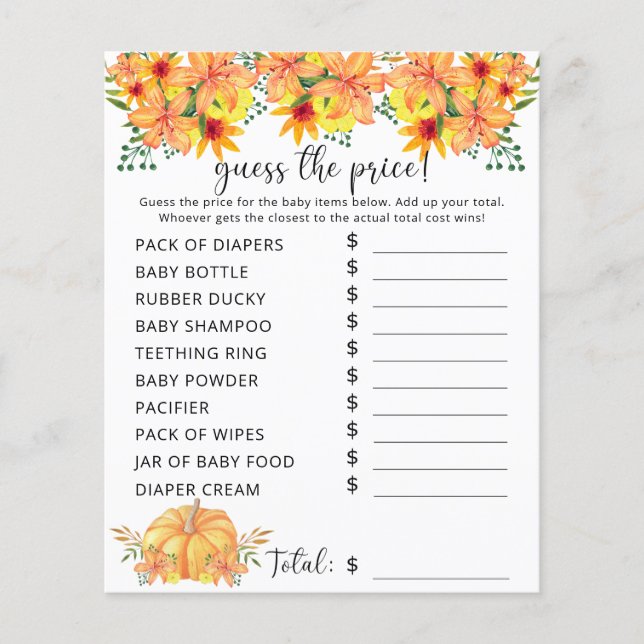 Herfst Baby Shower | Prijs Raadspel Pompoen (Voorkant)