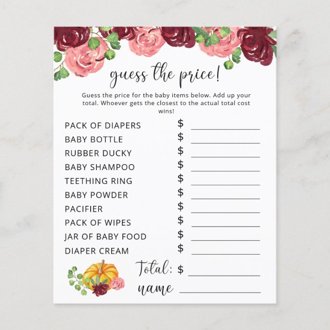 Herfst Baby shower | Pumpkin Price Raad Game (Voorkant)