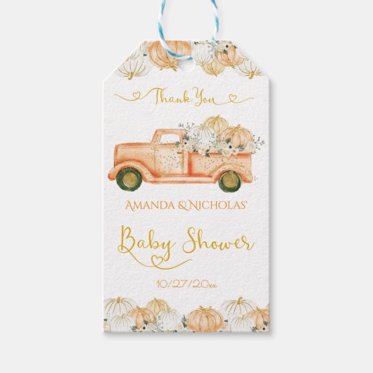 Herfst Baby shower Schattigee pompoen oogst dank u Cadeaulabel (Voorkant)