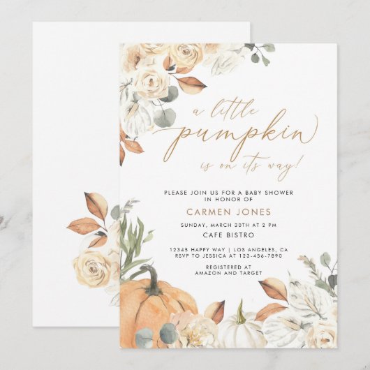 Herfst Baby shower Uitnodiging, een kleine pompoen Kaart (Voorkant / Achterkant)