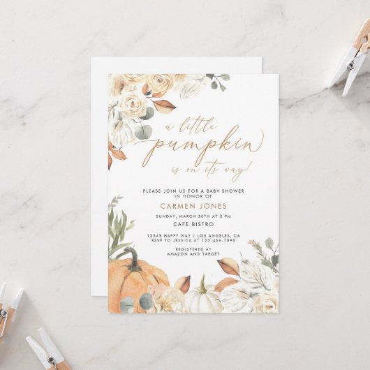 Herfst Baby shower Uitnodiging, een pompoen Kaart (Voorkant / Achterkant in situ)