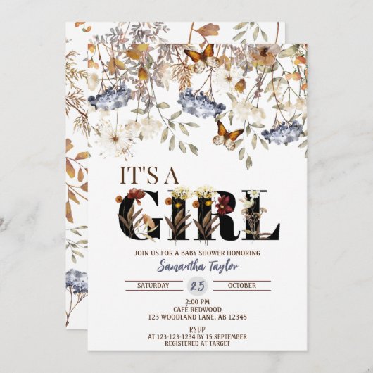 Herfst Baby shower Uitnodiging, Girl Shower Invite Kaart (Voorkant / Achterkant)