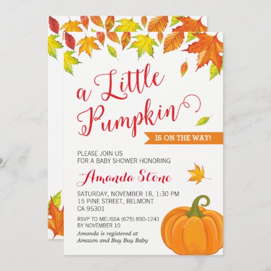 Herfst Baby shower uitnodiging, kleine pompoen her Kaart (Voorkant / Achterkant)