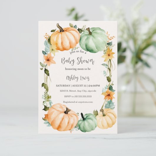Herfst Baby shower uitnodiging pompoen thema (Staand voorkant)