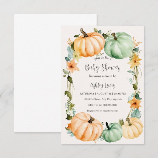 Herfst Baby shower uitnodiging pompoen thema (Voorkant / Achterkant)