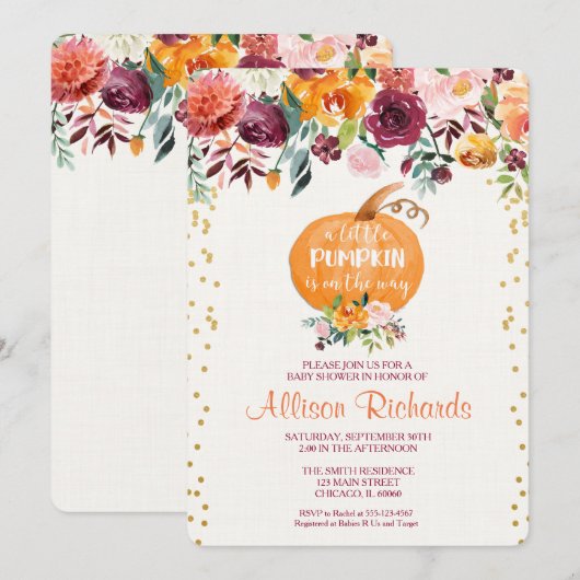 Herfst baby shower-uitnodiging, pompoenen baby sho kaart (Voorkant / Achterkant)