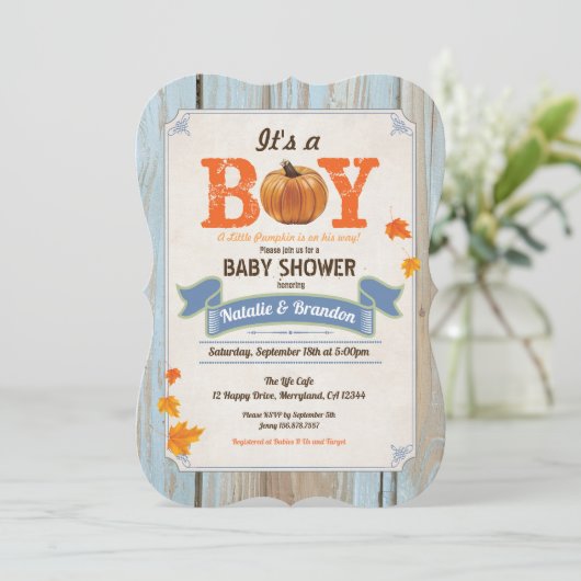 Herfst baby shower uitnodiging roestvrij pompoenho (Staand voorkant)