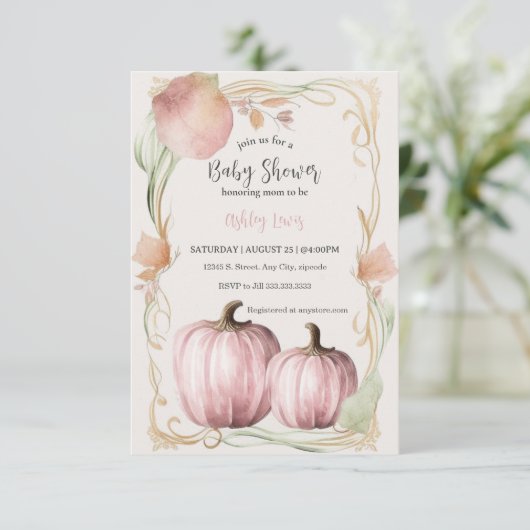 Herfst baby shower uitnodiging, speelse pompoen kaart (Staand voorkant)