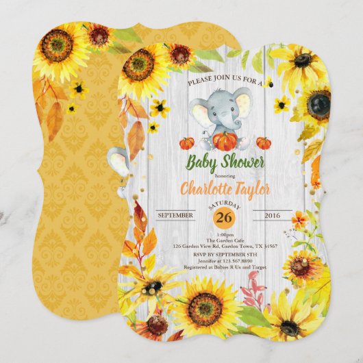Herfst baby shower uitnodiging zonnebloem olifant (Voorkant / Achterkant)
