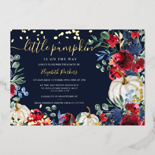 Herfst baby shower van gebottende bruine rode pomp folie uitnodiging (Voorkant)