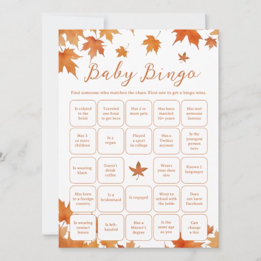 Herfst Baby shower Vind de Gast Bingo Game Kaart (Voorkant)