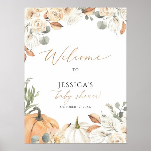 Herfst baby shower welkom teken, kleine pompoen te poster (Voorkant)