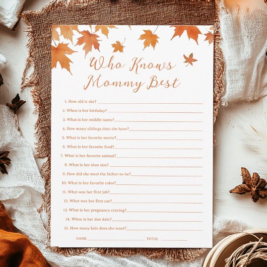 Herfst Baby shower Wie kent Mama Beste Spel Kaart