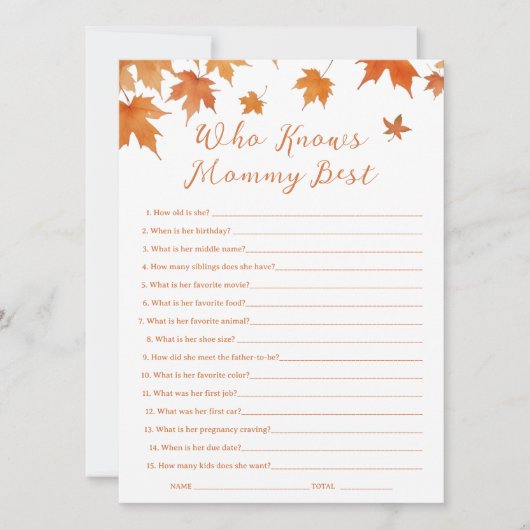 Herfst Baby shower Wie kent Mama Beste Spel Kaart (Voorkant)