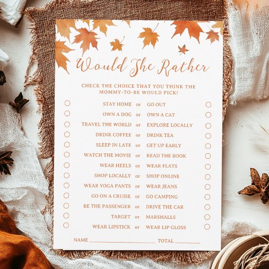 Herfst Baby shower zou ze liever spel Kaart