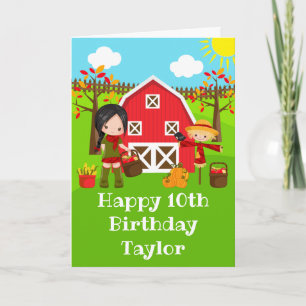 Herfst Barnyard Black Hair Girl Happy Birthday Kaart