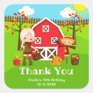 Herfst Barnyard Verjaardag Blond Haar Meisje Dank Vierkante Sticker